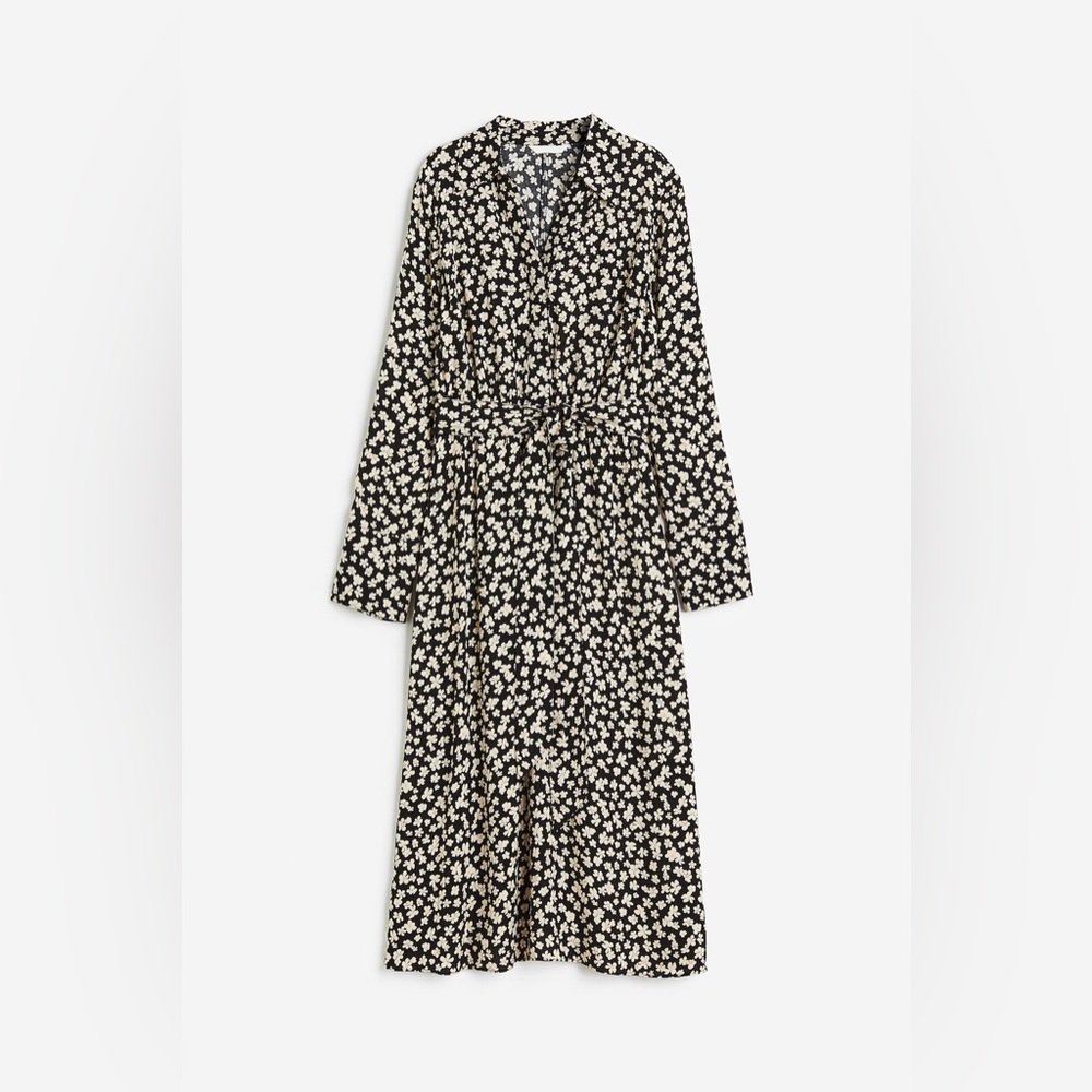 H&M Floral Midi Daisy Tie Wrap Elastic Waist Calf Length V Long Sleeve Dress✨